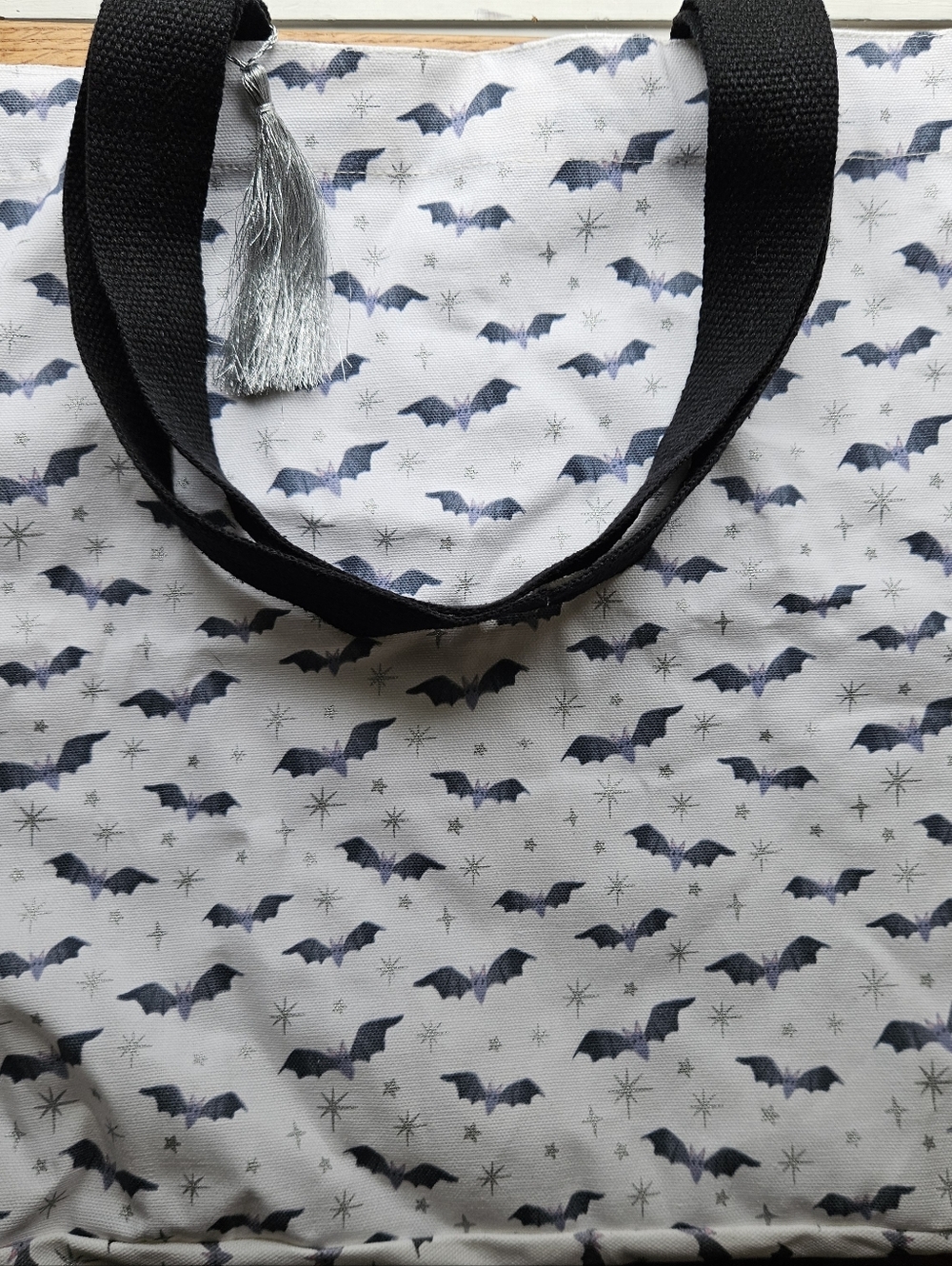 White Bat Print Tote with Black Straps